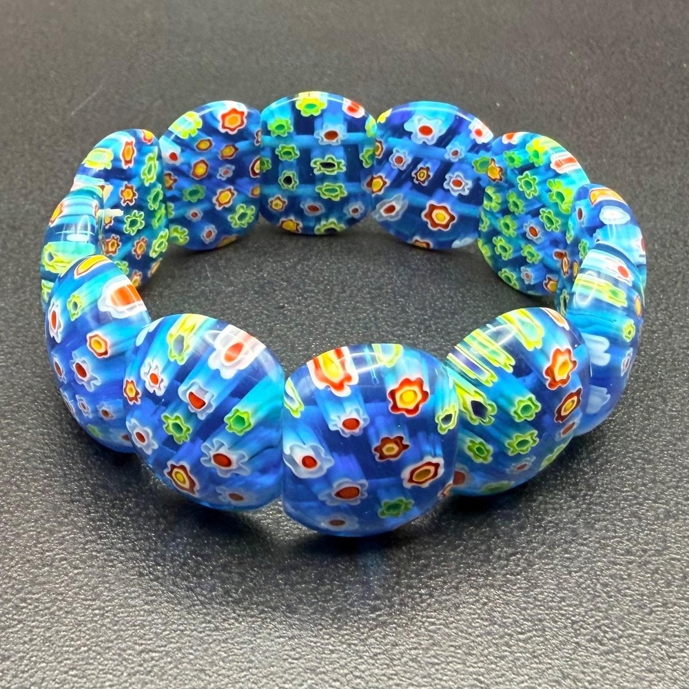 Millefiori Glass Stretch Bracelet Blue Murano Style Floral Beads Italy